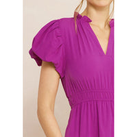 Entro - V Neck Bubble Sleeve Tiered Dress - Violet