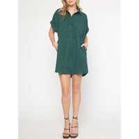 Entro - Corduroy Button Down Short Sleeve Dress - Forest