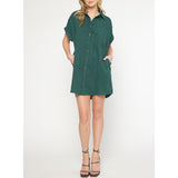 Entro - Corduroy Button Down Short Sleeve Dress - Forest