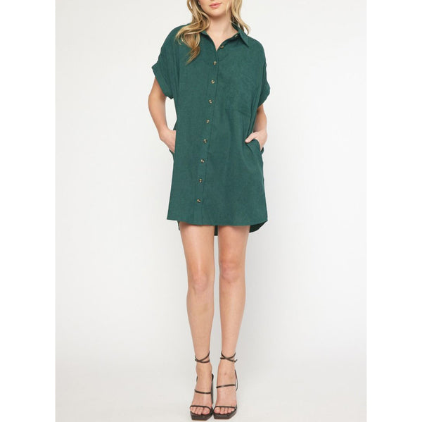 Entro - Corduroy Button Down Short Sleeve Dress - Forest