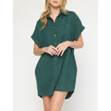 Entro - Corduroy Button Down Short Sleeve Dress - Forest