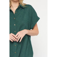 Entro - Corduroy Button Down Short Sleeve Dress - Forest