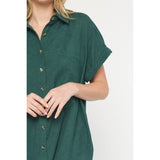 Entro - Corduroy Button Down Short Sleeve Dress - Forest