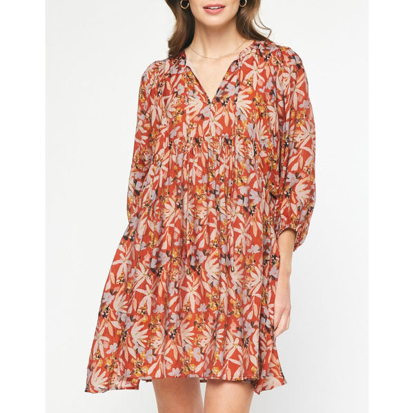 Entro - Floral Print Mini Dress - Rust