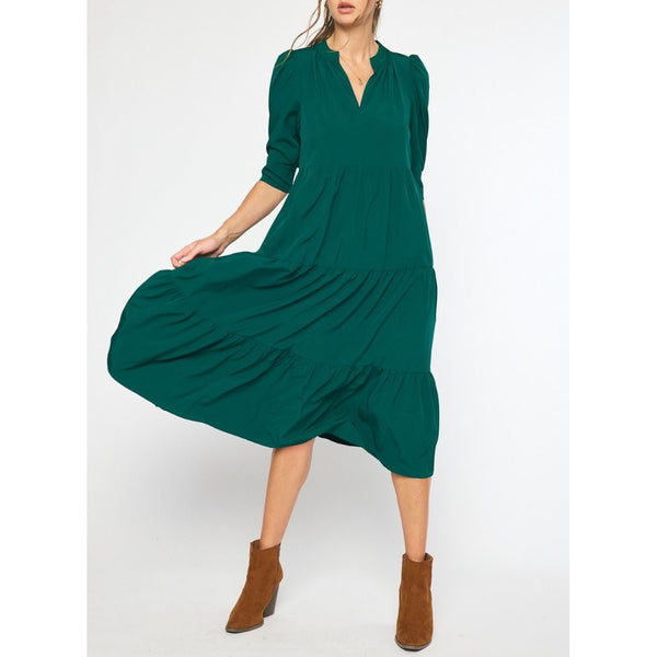 Entro - V Neck 3/4 Sleeve Tiered Maxi Dress - Forest