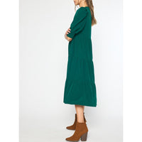 Entro - V Neck 3/4 Sleeve Tiered Maxi Dress - Forest