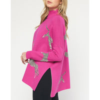 Entro - Cheetah Mock Neck Sweater - Hot Pink