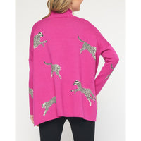 Entro - Cheetah Mock Neck Sweater - Hot Pink