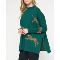 Entro - Cheetah Mock Neck Sweater - Heather Green