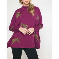 Entro - Cheetah Mock Neck Sweater - Plum