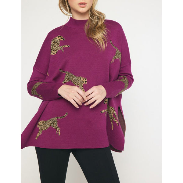 Entro - Cheetah Mock Neck Sweater - Plum
