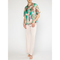 Entro - Tropical Cheetah Print Satin Button Up Peplum Top - Tan