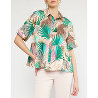 Entro - Tropical Cheetah Print Satin Button Up Peplum Top - Tan