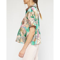 Entro - Tropical Cheetah Print Satin Button Up Peplum Top - Tan