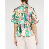 Entro - Tropical Cheetah Print Satin Button Up Peplum Top - Tan