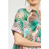 Entro - Tropical Cheetah Print Satin Button Up Peplum Top - Tan