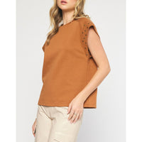 Entro - Short Sleeve Top with Studded Sleeves - Brown