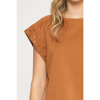 Entro - Short Sleeve Top with Studded Sleeves - Brown