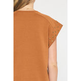 Entro - Short Sleeve Top with Studded Sleeves - Brown