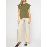 Entro - Short Sleeve Top with Studded Sleeves - Olive