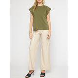 Entro - Short Sleeve Top with Studded Sleeves - Olive