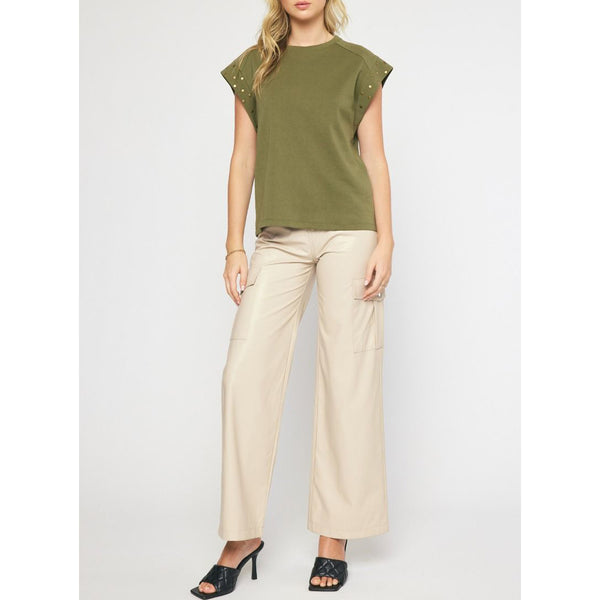 Entro - Short Sleeve Top with Studded Sleeves - Olive