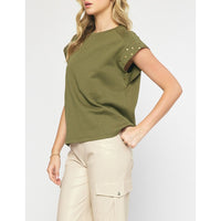 Entro - Short Sleeve Top with Studded Sleeves - Olive