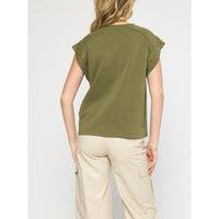 Entro - Short Sleeve Top with Studded Sleeves - Olive