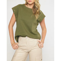 Entro - Short Sleeve Top with Studded Sleeves - Olive