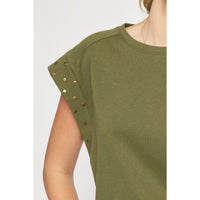 Entro - Short Sleeve Top with Studded Sleeves - Olive