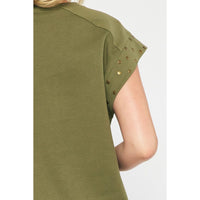 Entro - Short Sleeve Top with Studded Sleeves - Olive