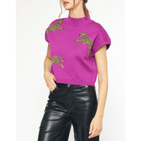 Entro - Leopard Mock Neck Cropped Sweater - Violet