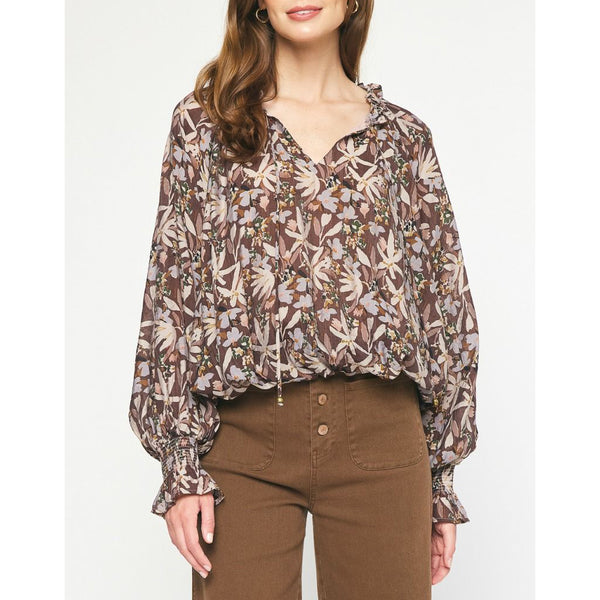 Entro - Floral Long Sleeve Top - Chocolate