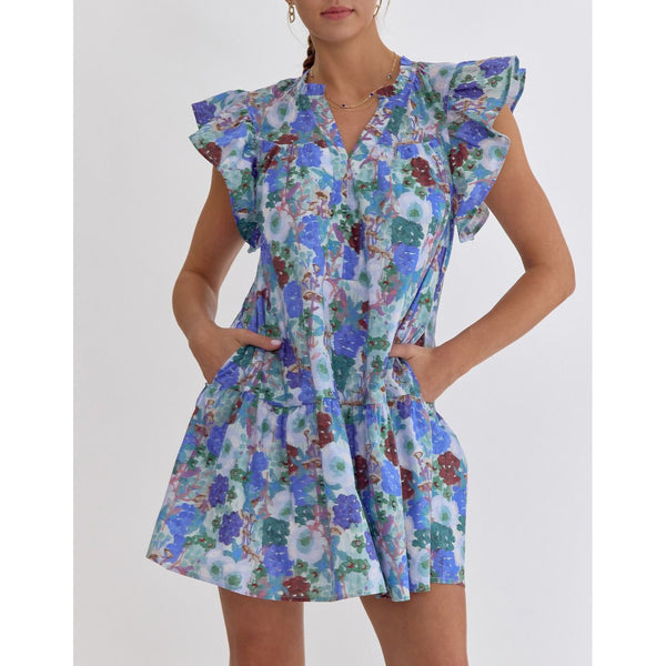 Entro - Floral V-Neck Sleeveless Mini Dress - Blue