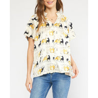 Entro - Satin Horse Print Flutter Sleeve Vneck Top - Cream