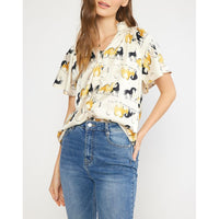 Entro - Satin Horse Print Flutter Sleeve Vneck Top - Cream