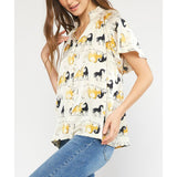 Entro - Satin Horse Print Flutter Sleeve Vneck Top - Cream