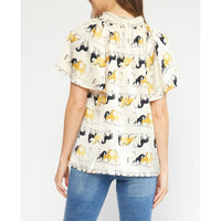 Entro - Satin Horse Print Flutter Sleeve Vneck Top - Cream