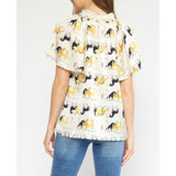 Entro - Satin Horse Print Flutter Sleeve Vneck Top - Cream