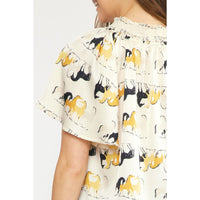 Entro - Satin Horse Print Flutter Sleeve Vneck Top - Cream