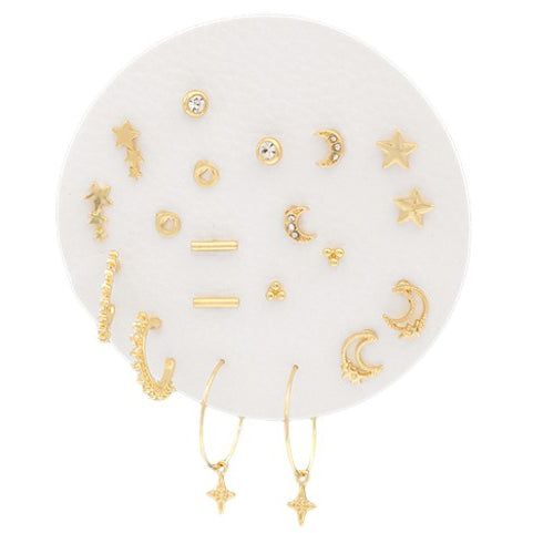 Star and Moon Stud and Hoop Set - Gold