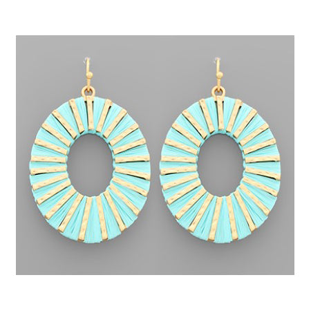 Raffia Wrapped Oval Earrings - Light Turquoise