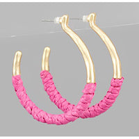 Raffia Wrapped Circle Hoops - Hot Pink