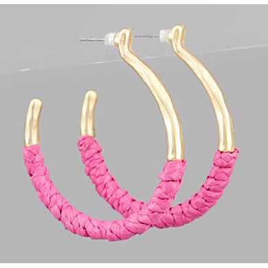 Raffia Wrapped Circle Hoops - Hot Pink