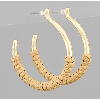 Raffia Wrapped Circle Hoops - Beige