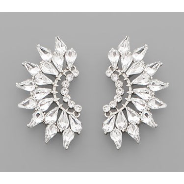 Glass Stone Wing Earrings - Rhodium and Clear