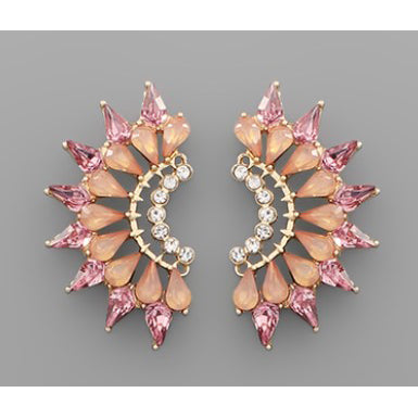 Glass Stone Wing Earrings - Pink