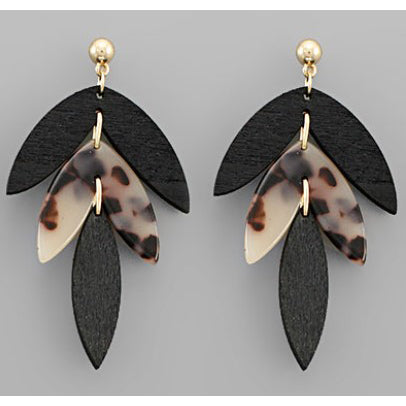 Wood & Acrylic Marquise Earrings - Black and Light Tortoise