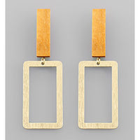 Metal Square and Wood Bar Earrings - Brown