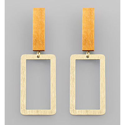 Metal Square and Wood Bar Earrings - Brown